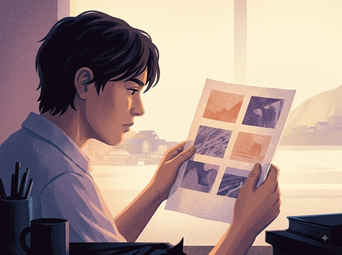 A maker inspects a printed contact sheet of six photos, two of them subtly flagged.