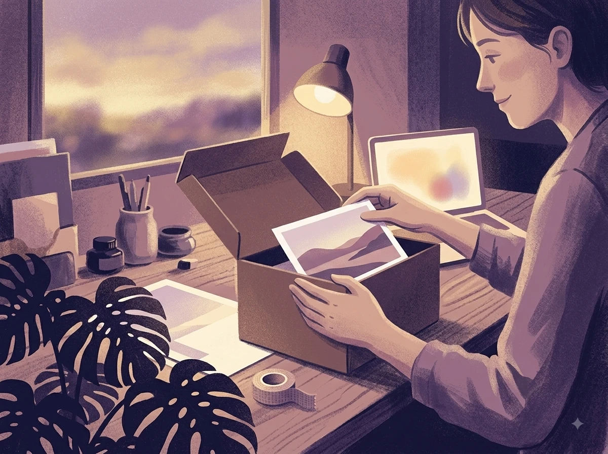 A maker calmly slides a clean photo into a shipping box beside a glowing laptop.